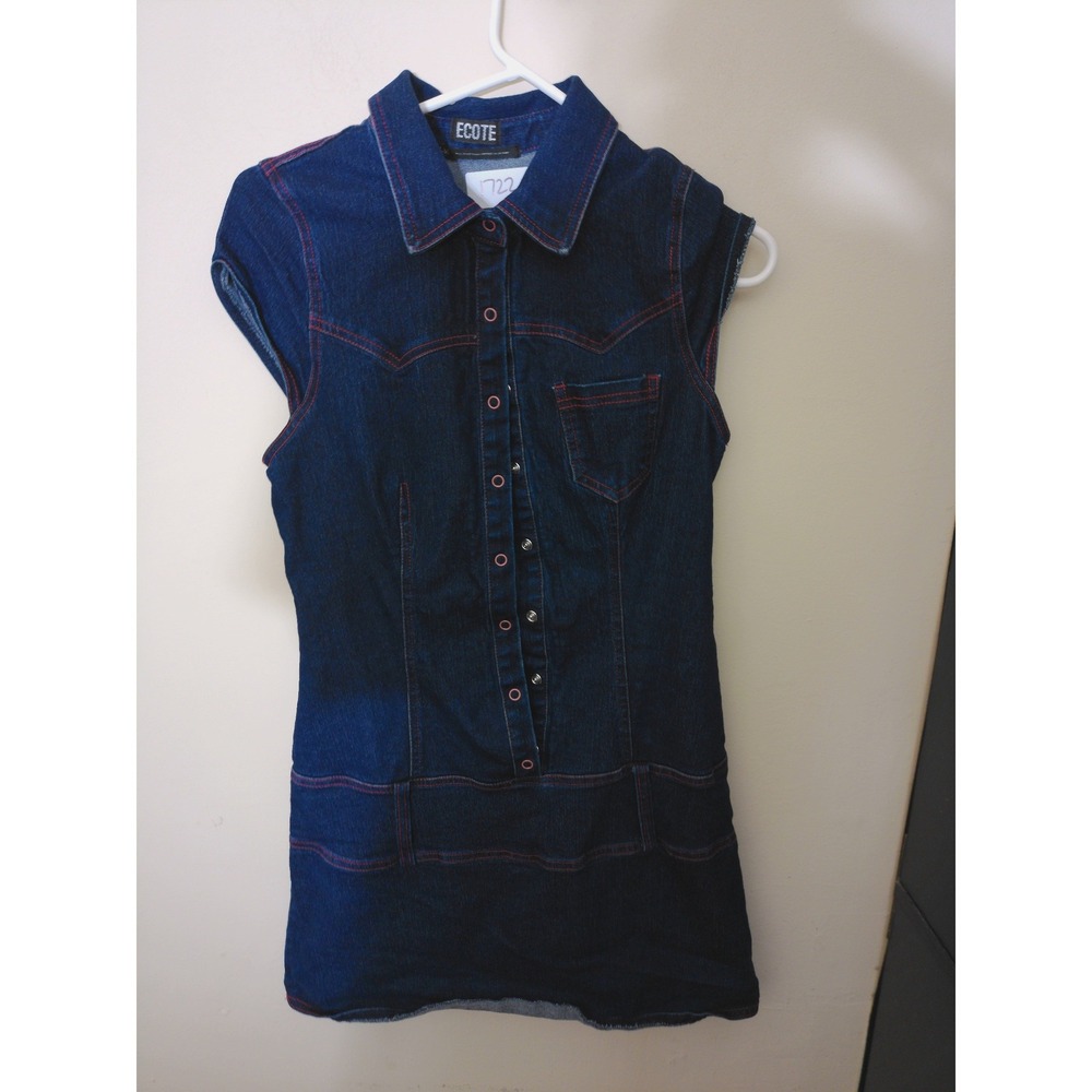 Ecote Denim Mini Dress Womens Medium Blue Red Stitch Western Sleeveless Y2K 1722